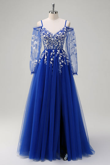 Royal Blue A-Line Cold Shoulder paillettes Applique Abito lungo da cerimonia con fessura in tulle